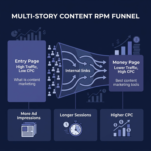 ads rpm funnel diagram showing multi-story content session depth and revenue